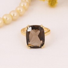 Natural Smoky Quartz Cushion Gemstone Ring Gold Tone Engagement Rings Gift Items