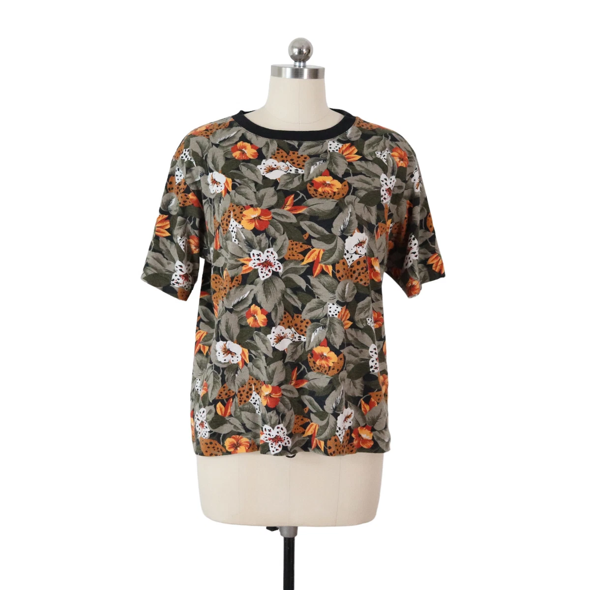 vintage 80s 90s jungle floral print t-shirt M knit top tropical cotton USA vtg