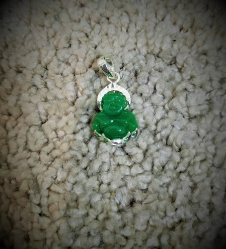 Pendentif Bouddha Rieur En Jade Vert - Monture Argentée 20 Mm, Artisanat Vietnamien, Neuf
