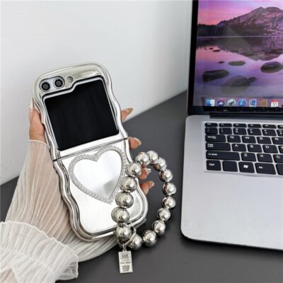 ★DESIGN SKIN★ Galaxy Z Flip 5 Heart Mirror Case Sliver Love Heart Mirror Phone Case for Samsung Galaxy Z