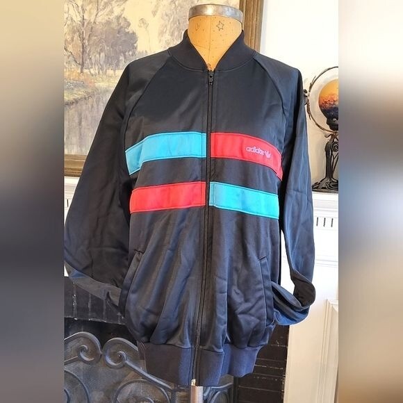 Vintage 1980s Adidas Track Jacket Black w/ Red and Blue Size Vintage 1980s Adidas Track Jacket Black w/ Red and Blue Size