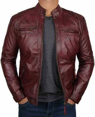 Herren Echt Lammleder Leder Used Weinrot Café Racer Moto Biker Vintage Jacke