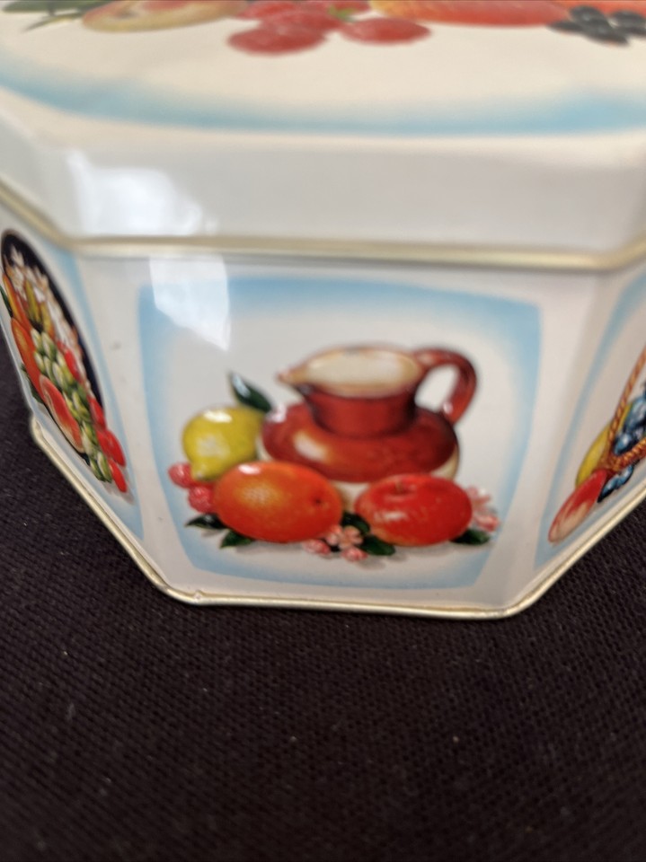 Vintage Small Tin Box with Lid Fruits Basket Design Made In England