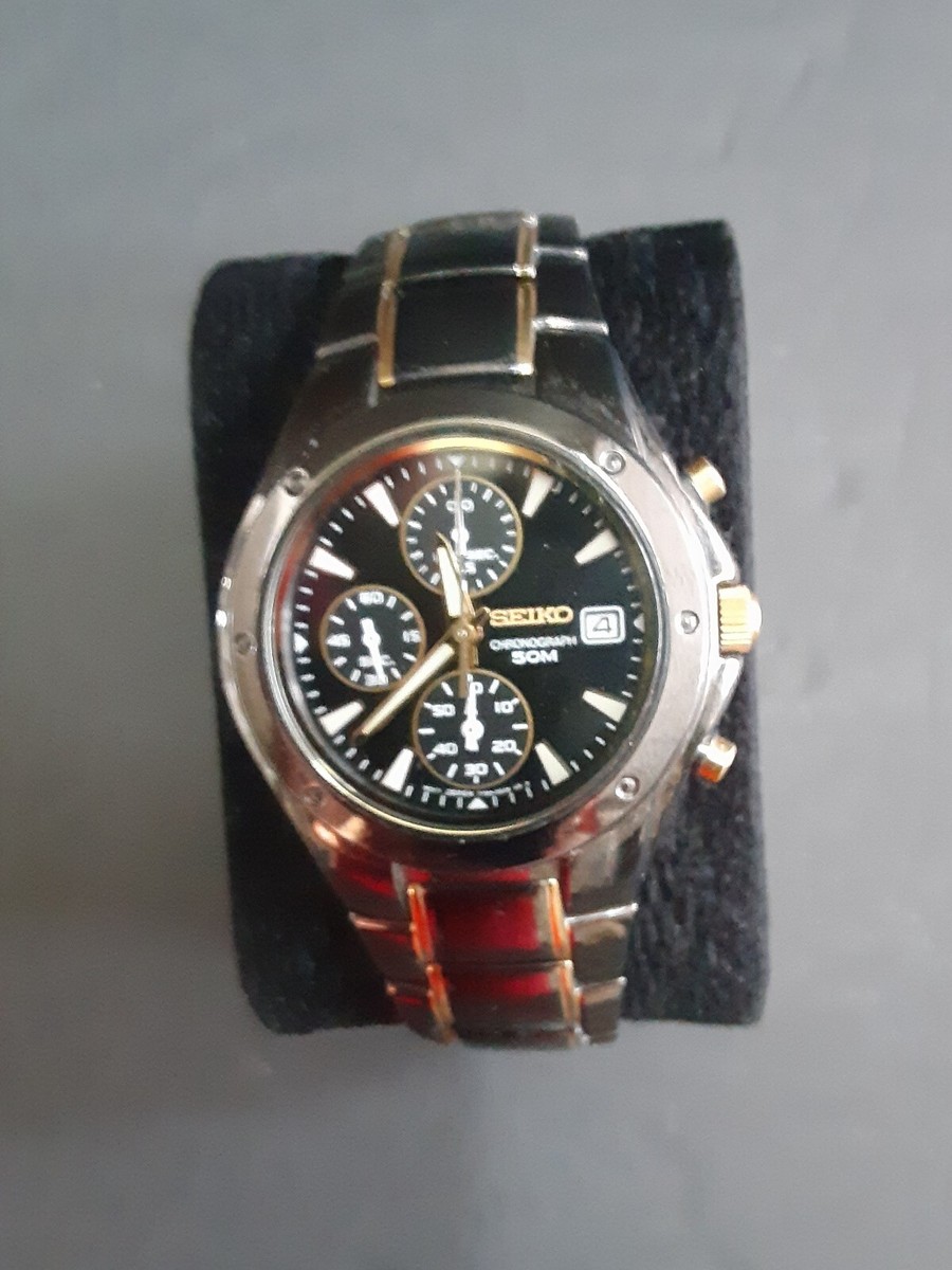 Seiko Men's Chronograph 50M Black & Gold Accents 7T92 OGRO