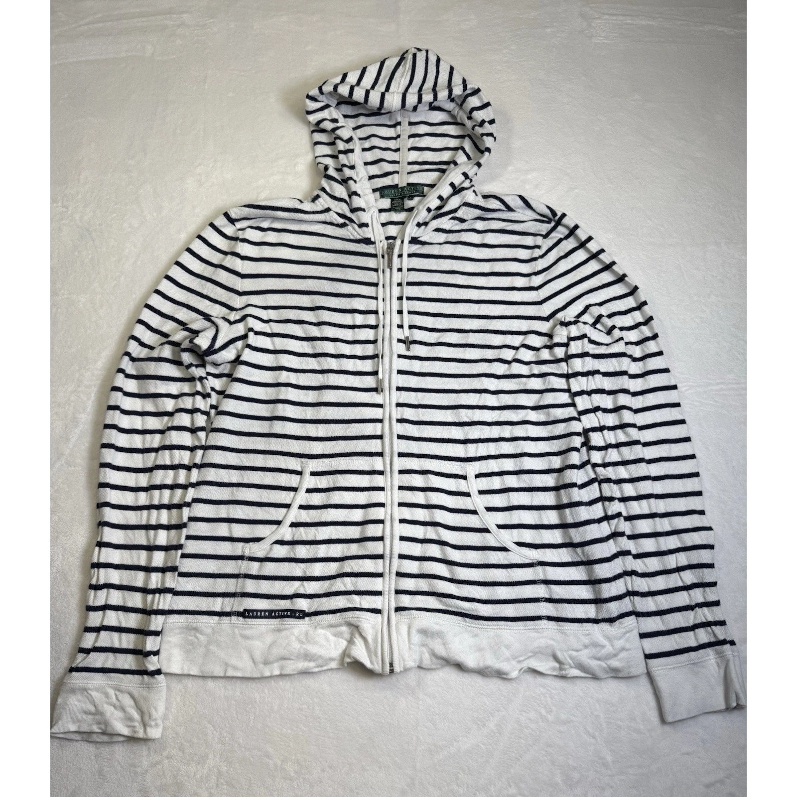 Ralph Lauren Active Hoodie Womens L Blue White Stripe Cotton Narrow Rib Full Zip