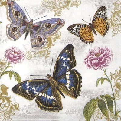 MAKI 4 servilletas de papel individuales para decoupage, mariposas de fiesta sobre fondo retro