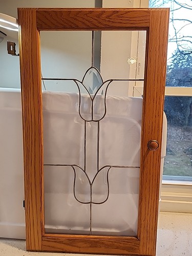 Vintage Kitchen Cabinet Door Leaded Glass Tulip Flower Oak