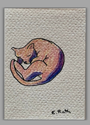 ACEO original painting art card watercolor, Mixed Media Sleeping Orange Cat Art