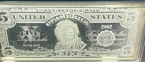 SILVER $5. BILL ART BAR, 4 TROY OUNCES .999 FINE SILVER, STUNNING DETAILS