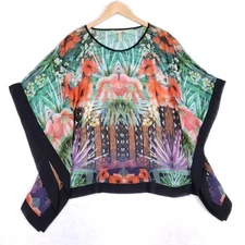 Chausmutt Floral Poncho Blouse Size M Sheer Boho Luxe Resort Chic Island Style
