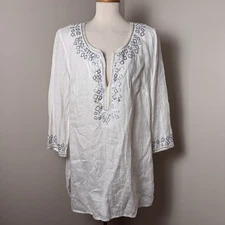 BLUE by Saks Fifth Avenue 100% Linen Embellished Tunic Top WHITE / LARGE