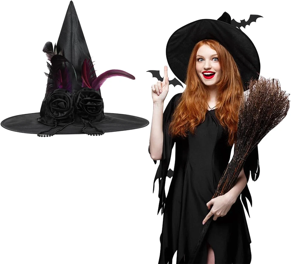 Sombrero de bruja de Halloween, sombreros de bruja negros para mujer disfraz sombrero de bruja adulto hallow Foto 2 de 4