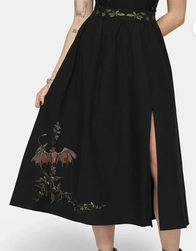 Disturbia Embroidered Bat Midaxi Black Skirt With Slit New With Tags Whimsigoth