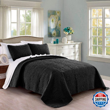 Pure Bedding Quilt Set King/Cal King/California King Size Black - Oversized Beds