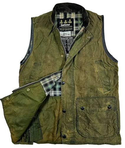 *HOT VTG ENGLAND Men's BARBOUR WESTMORLAND PLAID LINED OLIVE WAXED VEST Jacket M - product listing photo