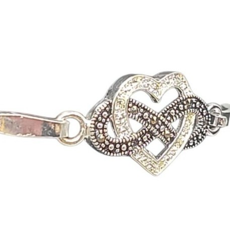 Sterling Silver Cubic Zirconia & Marcasite Heart Infinity Bracelet Tension Hook - Picture 12 of 15