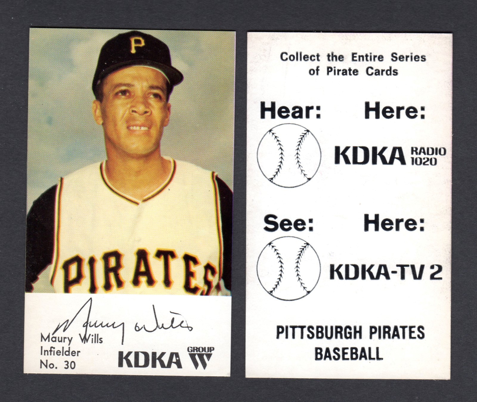 Maury Wills #30 Baseball Cards 1968 KDKA Pittsburgh Pirates trading card — raw and PSA graded price guide