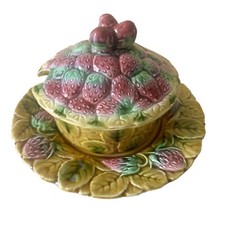 Confiturier fraises faïence Sarreguemines France barbotine vintage majolica