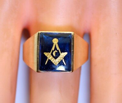 Vintage Men's 10K Yellow Gold Blue Signet Masonic Ring, Size Grams 