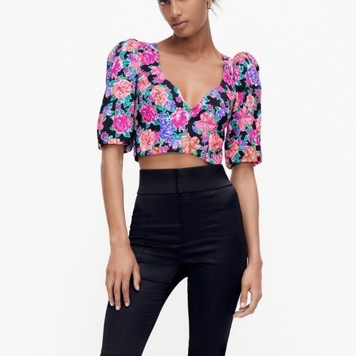 Zara Pink Floral Puff Sleeve Crop Top Blouse Small | eBay