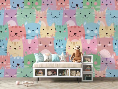 3D Cartoon Cat Head Pattern Color Self-adhesive Removeable Wallpaper Wall Mural