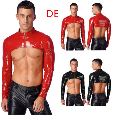 DE Sexy Herren Crop Top Shiny Lackleder Shirt Wet Look Bluse Rave Party Clubwear