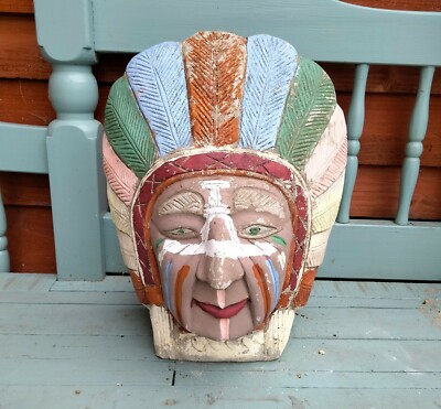 Vintage bemalte Beton Verbund Stein Garten Statue Indianer 14,5''