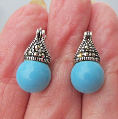 Sterling Silver Faux Turquoise & Marcasite Drop Pierced Earrings