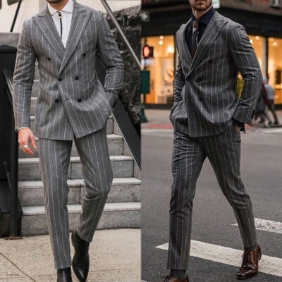 Striped Men Suits Double Breasted Slim Fit Peak Lapel Wool Blend