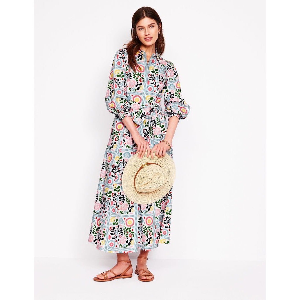 Boden Dress Clara Cotton Maxi Shirt Dress Floral Print Belted Multi 6R NWT