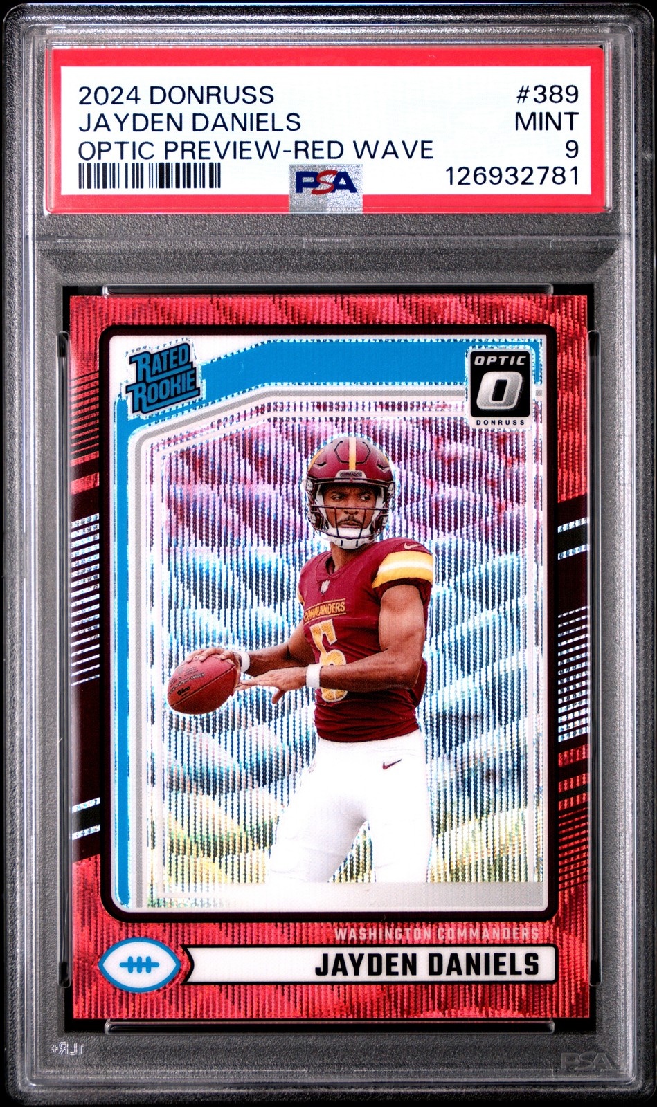 2024 PANINI DONRUSS OPTIC PREVIEW-RED WAVE #389 JAYDEN DANIELS ROOKIE PSA 9