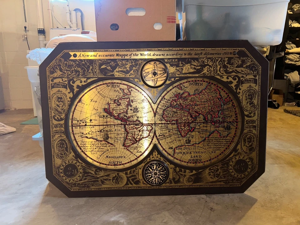 Vintage Antigo 1964 Masketeers Arte de Parede Bronze Madeira Mapa do Mundo em 1628 - Imagem 2 de 3