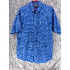 Ariat Mens L Short Sleeve Button Down Shirt Blue Geometric Print Western