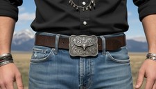 Men Buckle Silver Metal Bull Square Western Fashion Filigree Texas Long Horn Cow