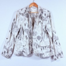 Chico's Ikat Ruffle Jacket Women 2 Large Grey White Linen Blend Boho Coastal