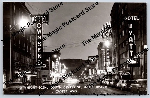 South Center Street Neon Signs RPPC Casper Wyoming Vintage Night Photo ~1950s