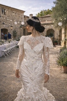 Vintage französisches Brautkleid, Handarbeit, Spitze Langarm, romantischer Stil