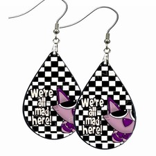 Alice In Wonderland We're All Mad Here Cheshire Cat Earrings Teardrop Wood