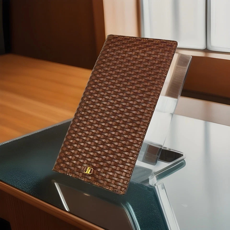 Cartera Larga RARA De Colección Ferragamo Marrón Tejido Cuero Trenzado Alta Delgada Doble Plegable Foto 3 de 4
