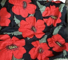 Poppy Silk Square Head Scarf Vibrant Red On Black Flowers 34  Signed Vintage