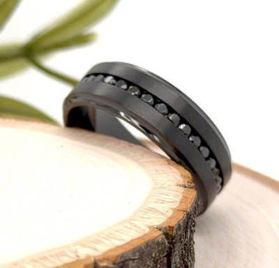 Black Titanium 8mm Christmas Gifts Band Polished CZ Inlay Hypoallergenic Band
