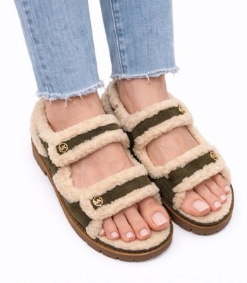 Michael Kors Holland Lug Sandal Faux Shearling Black Womens 9M 49F5HLFS1D NIB