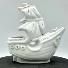 White Porcelain Sailboat Figurine Pair w/ Gold Accents | Nautical Coastal Decor