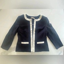 Talbots Navy Blue White Trim Open Front Ponte Blazer Italian Fabric Small EUC
