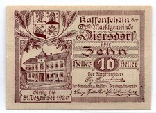 1920 Austria Ziersdorf Notgeld 10 Heller Note (3110)