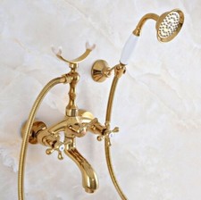 Wall Mount Polished Gold Clawfoot Bathtub Tub Faucet w/Hand Shower Spray Tap