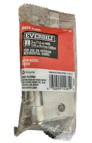 Door Hinge Everbilt Radius Full Mortise Satin Nickel 3" x 1/4" 207-307 New - Picture 2 of 4