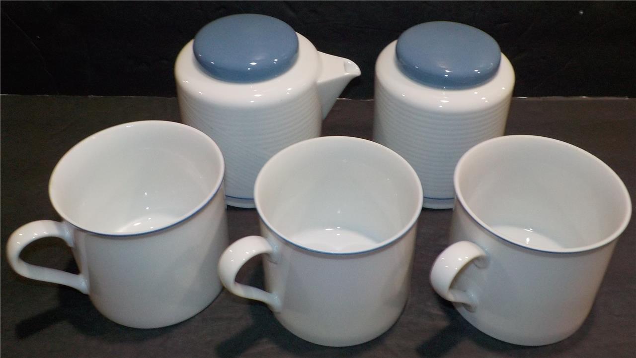 DANSK TAPESTRIES DAMASK BLUE Sugar Bowl, Creamer w/Lid & 3 Cups JAPAN