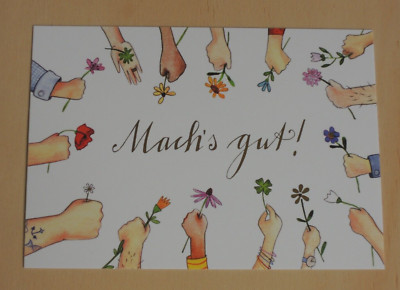 1x Postkarten Mach´s gut  viele Hände Blümchen Grätz Katja Jäger Abschied