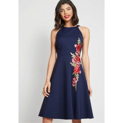 ModCloth x Liza Luxe Navy Halter Dress Embroidered Roses Size XS | eBay UK